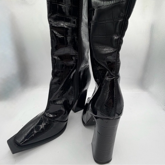 Princess Polly Shoes - Princess Polly Black Croc Patent Knee High Boots Square Toe Block Heel Size 6